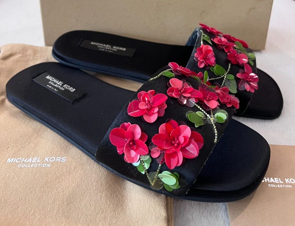Michael Kors Collection NEW Sandals sz 6.5 Black Floral Embellished Italy Slides